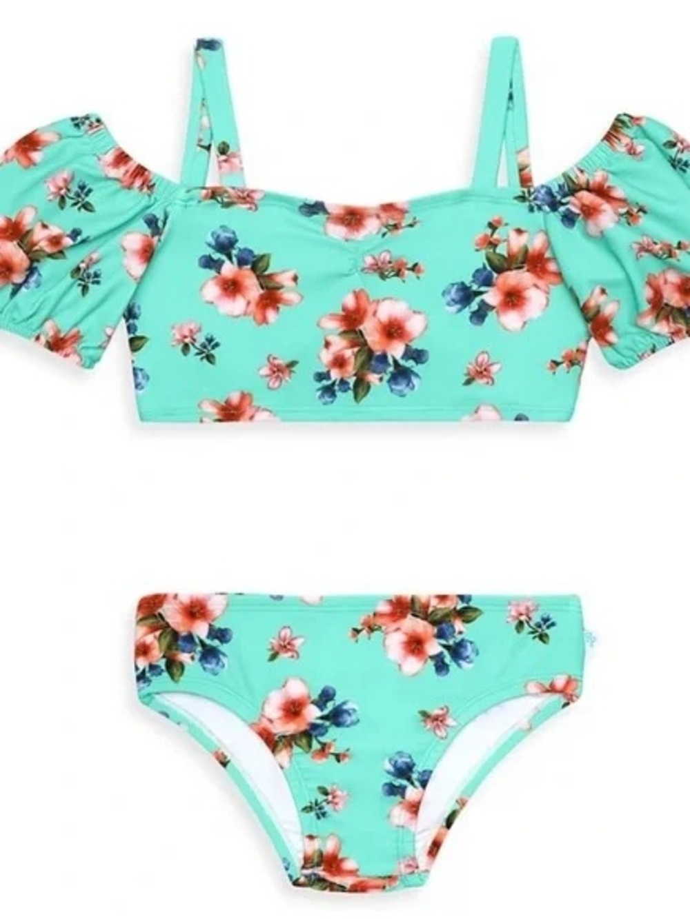 Posh Peanut Aisha Print Floral Off-Shoulder Bikini Set in Aqua